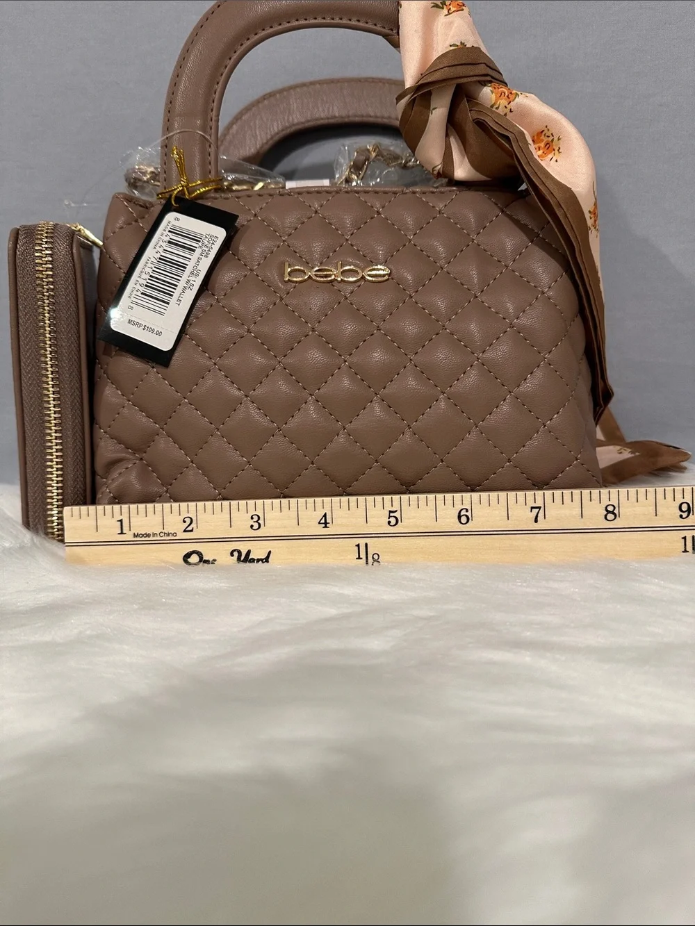 Bebe Sofie Small Quilted Satchel w Wallet in Taupe Crossbody Chain NWT